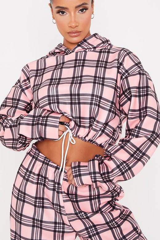 Pastel Pink Brushed Check Print Cropped Hoodie And Jogger Set