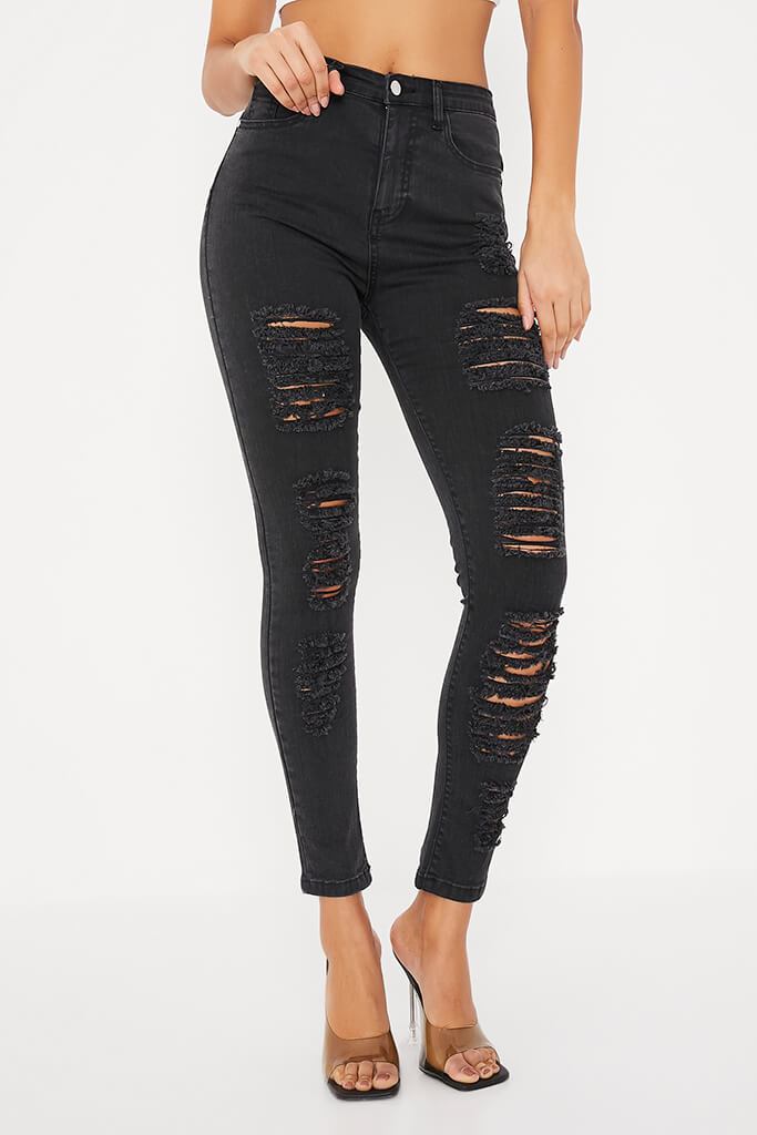 Charcoal All Over Ripped Stretch Skinny Jeans | Denim | Jeans | I SAW ...