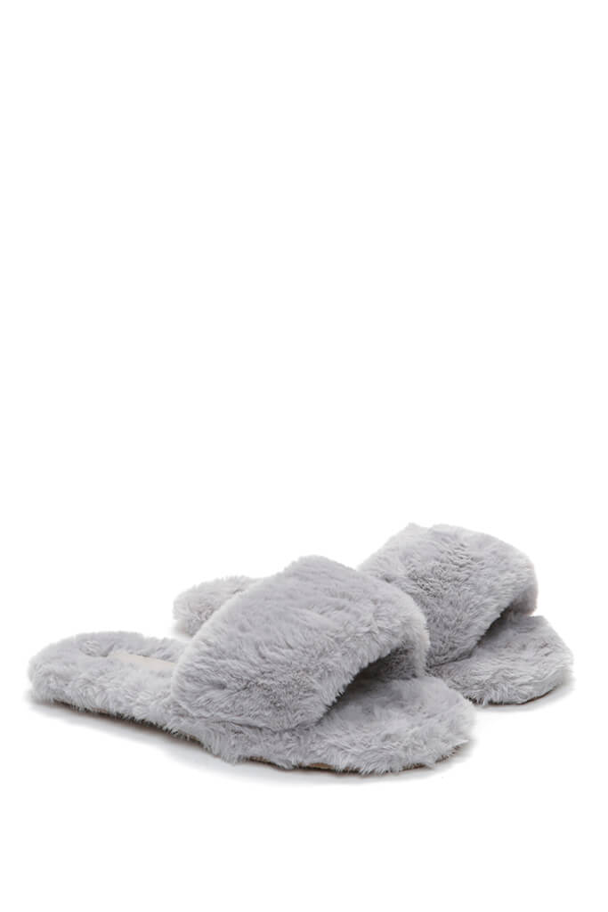 grey fluffy slider slippers