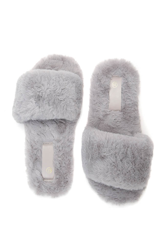 grey fluffy slider slippers