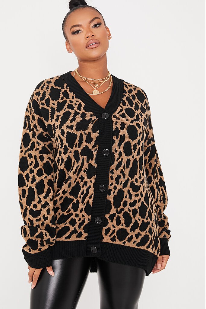 Stone Plus Longline Button Up Leopard Print Cardigan