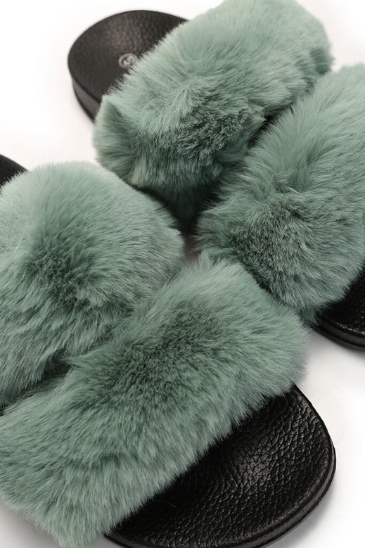 Green Double Strap Fluffy Sliders