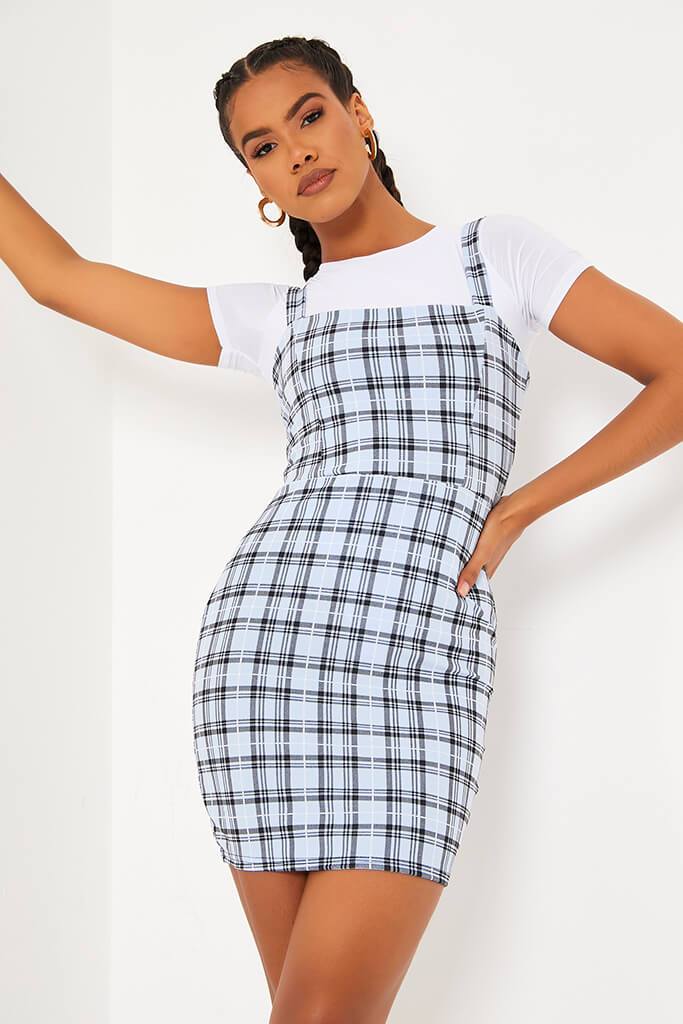 Blouses and Tops Latest Fashions: Baby Blue Crepe Check Pinafore Dress