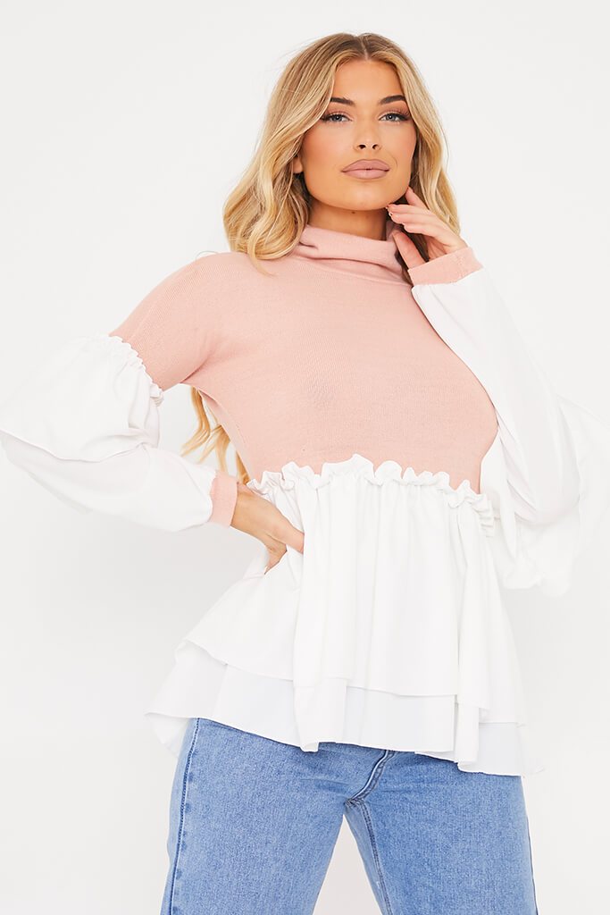 Pink Shirt Insert Peplum Hem Blouse