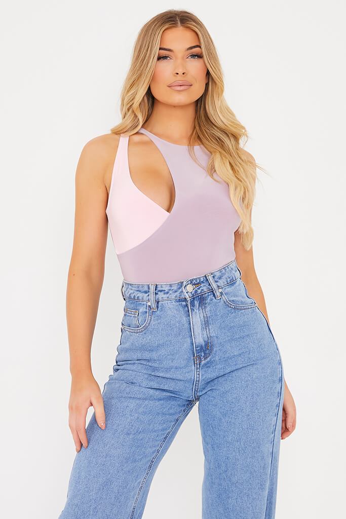 Lilac Double Layer Slinky Contrast Cut Out Racer Bodysuit