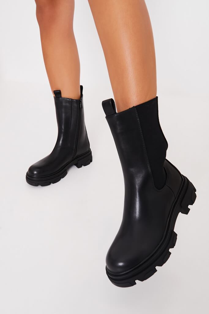 Black Chunky Sole High Leg Chelsea Boot