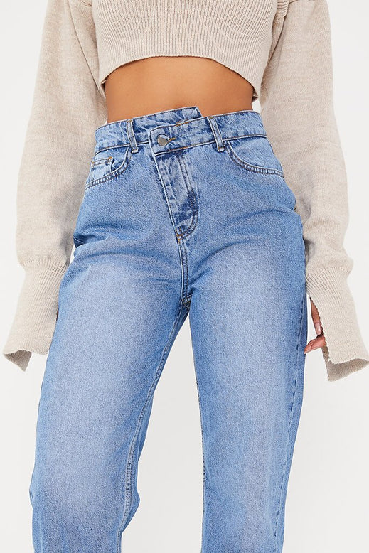 Mid Wash Cross Over Waist Jeans | Denim | Jeans | I SAW IT FIRST