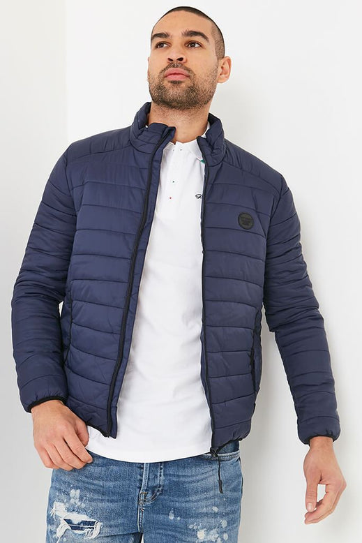 navy quilted puffer jacket