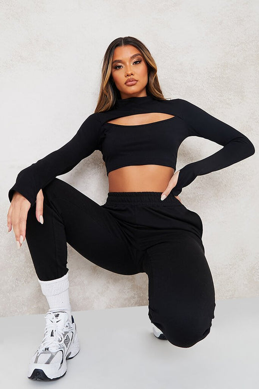 Black High Neck Cut Out Thumb Hole Crop Top | Tops | Crop top | I SAW ...
