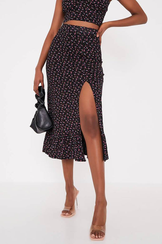 Black Ditsy Floral Split Midi Skirt Co 