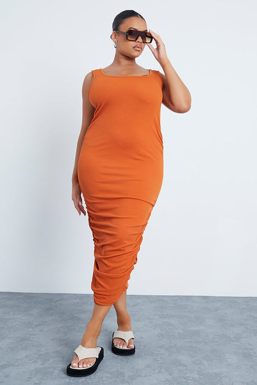 Rust Plus Size Ruched Scoop Bodycon Dress