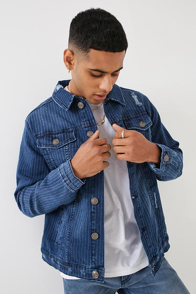 Blue Men's Pinstripe Denim Jacket | Denim | Denim jacket | I SAW IT FIRST