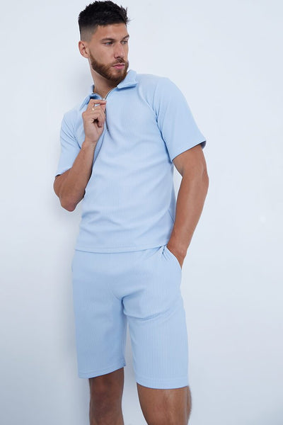 Baby Blue Men's Ribbed Polo & Shorts Set | Co-ords | Set | I SAW IT FIRST