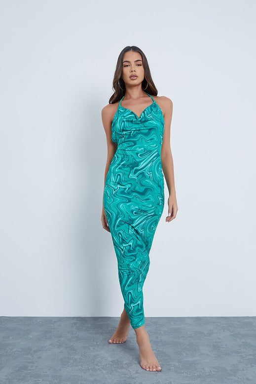 Green Slinky Marble Print Halterneck Cowl Neck Maxi Dress