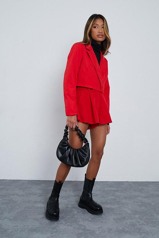 Red Cropped Wrap Over Cropped Blazer