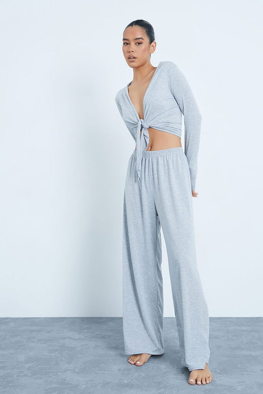 Light Grey Knot Front Wide Leg Pyjama Set