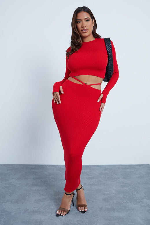 Red Co Ord Ribbed Crew Neck Jumper With Thumb Hole