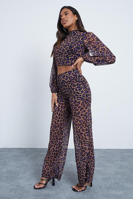 Purple Co-Ord Leopard Print High Neck Puff Sleeve Blouse