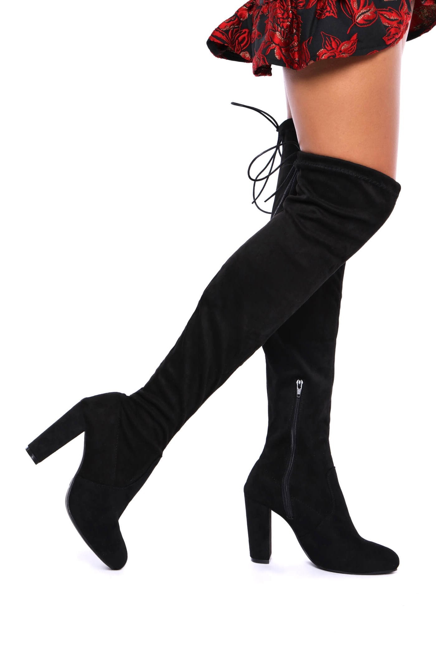 Black Faux Suede Block Heeled Over The Knee Boots