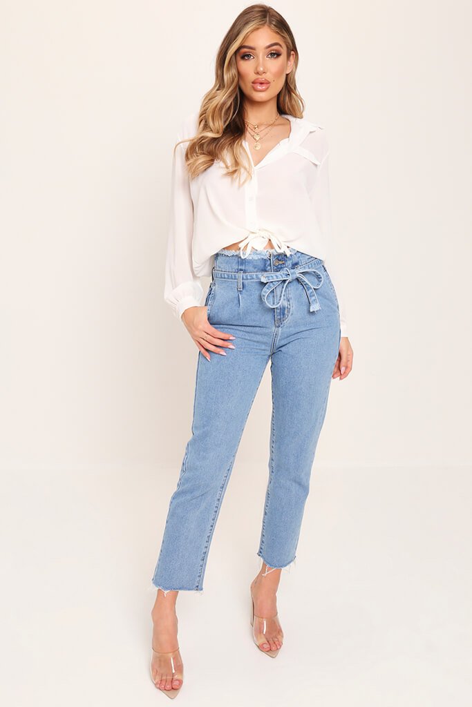 Blue High Waisted Frayed Paper Bag Mom Jeans | I SAW IT FIRST