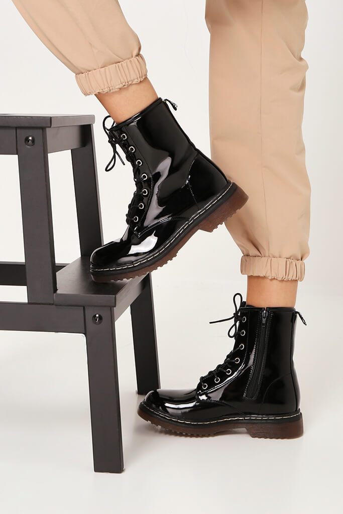 patent lace up boots