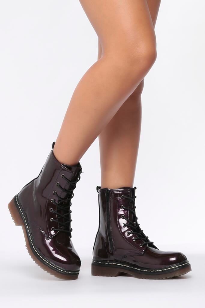 Burgundy Chunky Military Lace Up Boots 