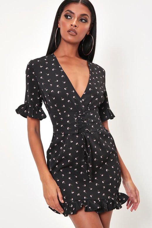 Black Floral Lace Up Detail Tea Dress 