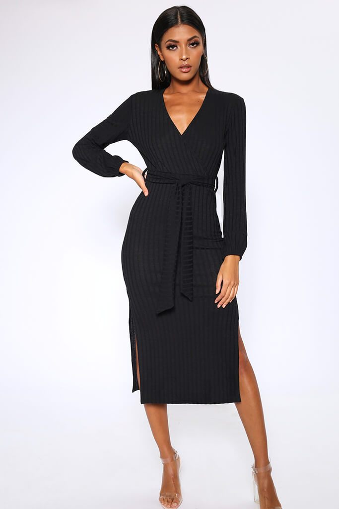 black wrap midi dress with sleeves