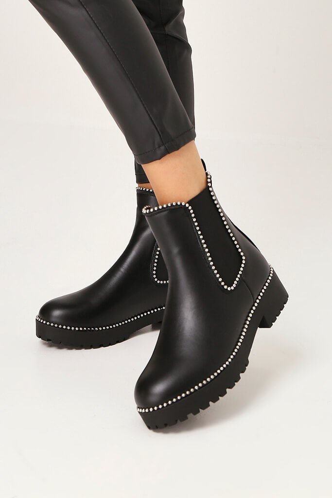 Black Studded Trim Chelsea Boots 