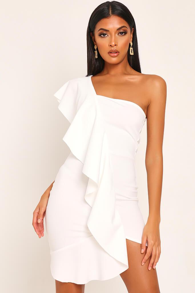 one shoulder ruffle dress white