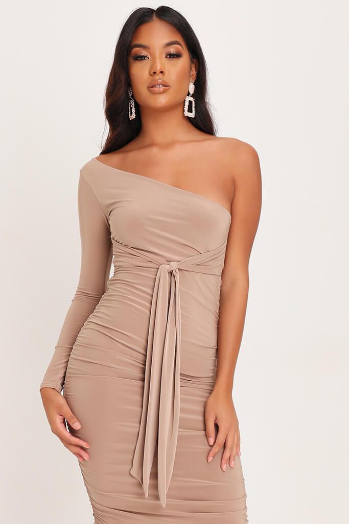 one shoulder slinky midi dress