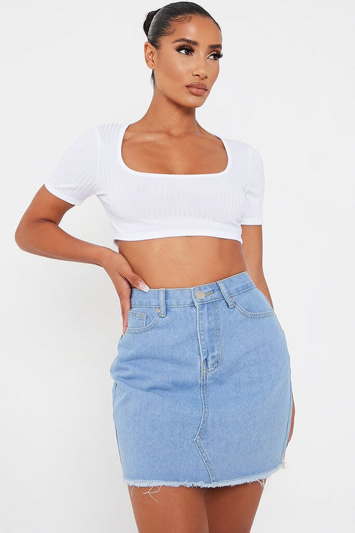 Light Wash Stretch Denim Mini Skirt | Denim | Denim skirt | I SAW IT FIRST