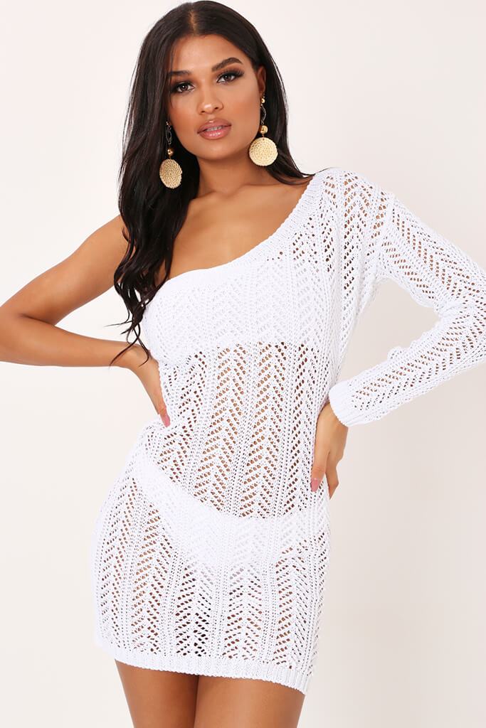 white one shoulder crochet dress