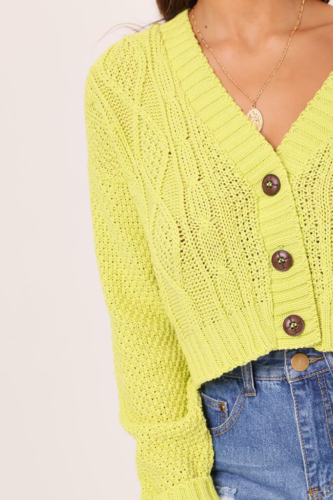 Lime Green Button Through Cable Knit Cardigan | Occasion knitwear | I ...