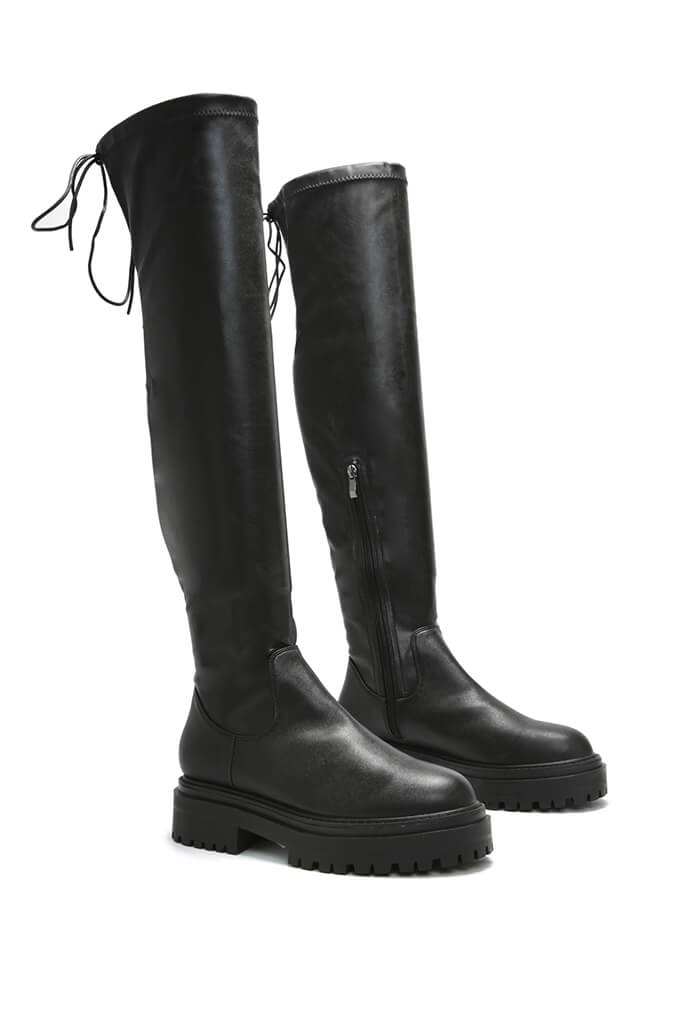 Black Chunky Sole Tie Knee High Boots