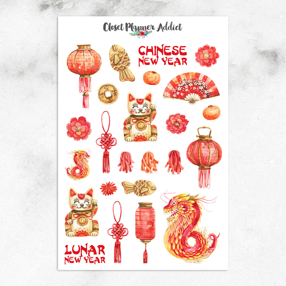 Chinese New Year Multicolor Paper Sticker Sheets - 8x4, 2 Pieces -  Festive Decals for Lunar Holiday Party Décor