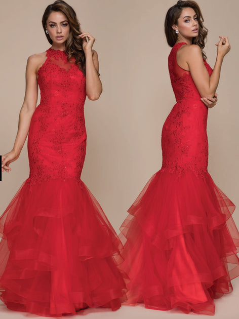 Red High Neck Tulle Mermaid Formal  Dress  Chicago  Bridal 