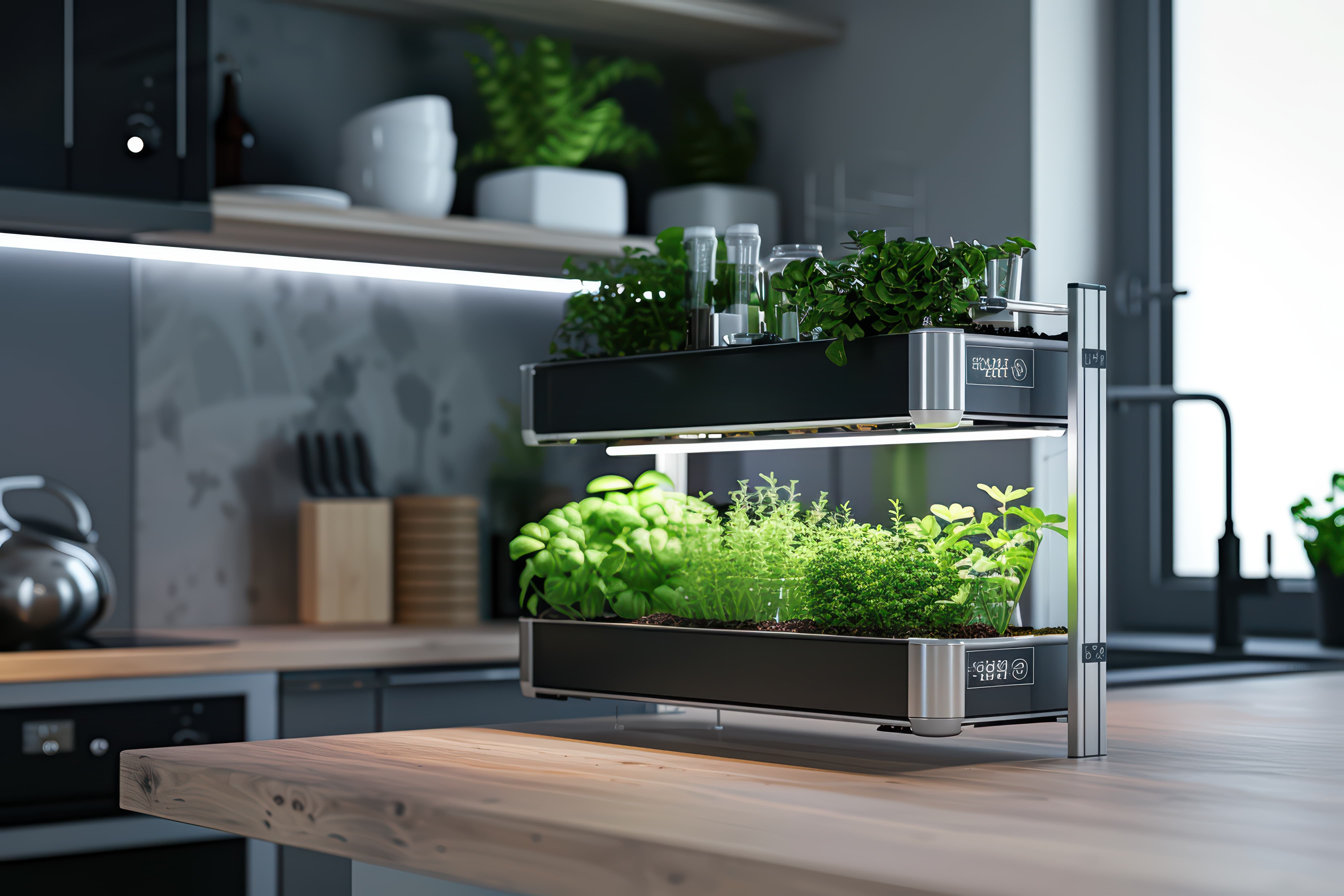 Personal hydroponics water system growing fresh herbs indoors.