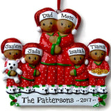 African American Pajama Family Of 6 Personalized Christmas Ornament