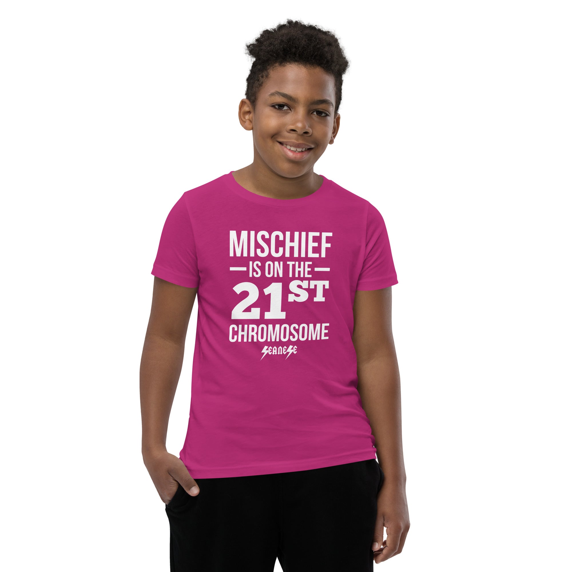 Youth Short Sleeve T-Shirt---Mischief is on the 21st Chromosome---Click for  more shirt colors