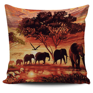 African Elephant Sunset Pillow Cover