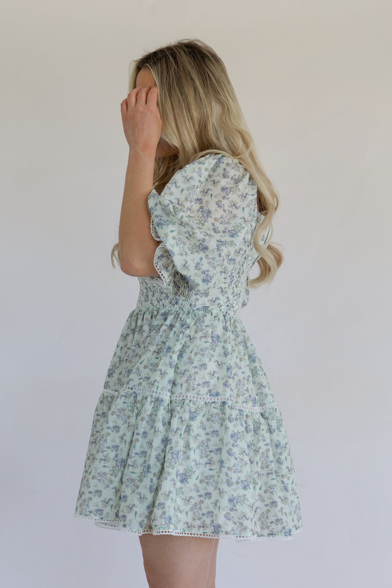 Brilliantly Blooming Blue Floral Print Puff Sleeve Skater Dress