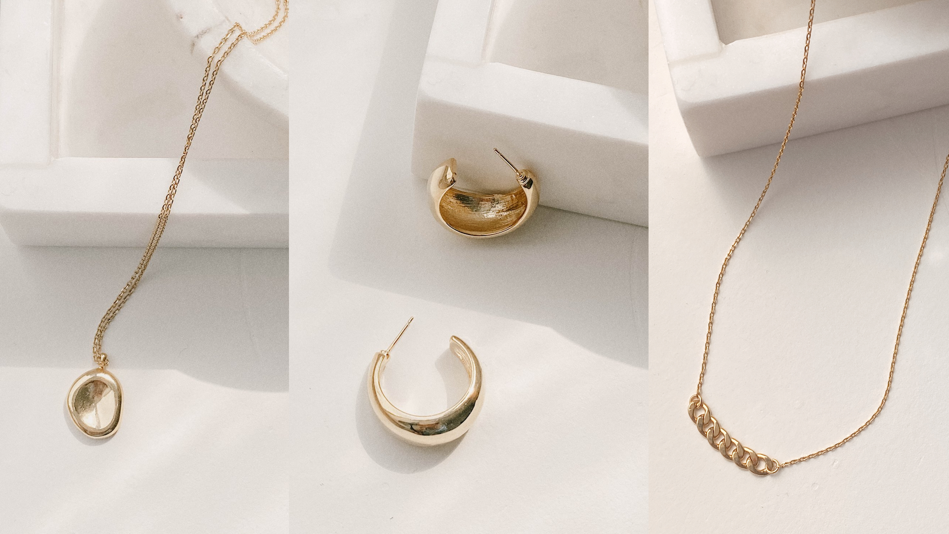 gold plated tarnish free and water resistant minimalistic dainty gold chain necklace and hoops
