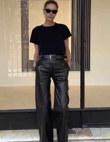leather pants outfit paired with a black tee