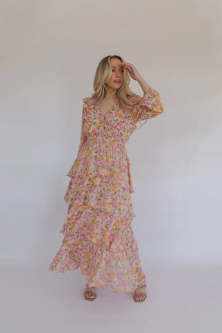 floral print ruffle tiered maxi dress with long sleeves