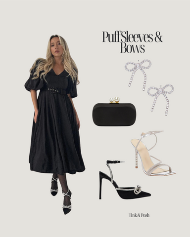 valentines day outfit black puff sleeve midi dress