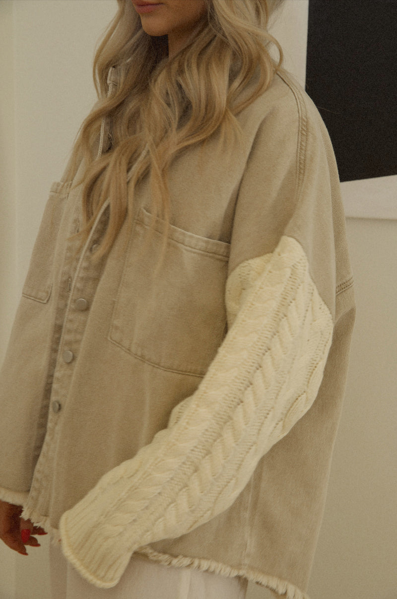 cream tan overshirt with knitted sleeve shacket style