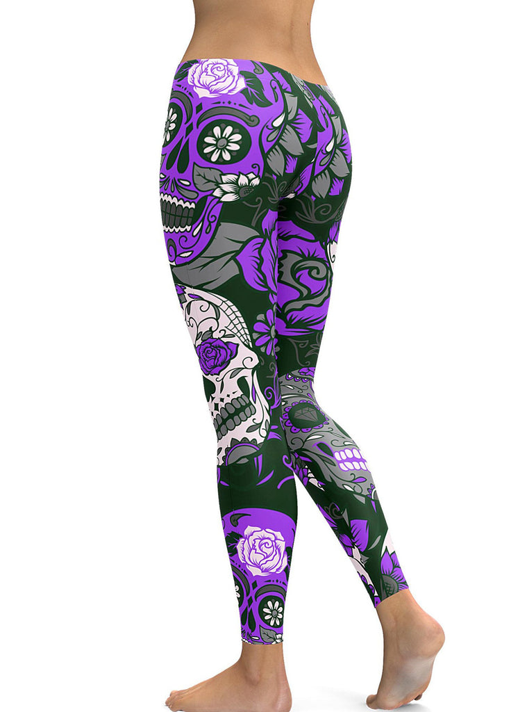 Purple Plus Size Halloween Floral Printed Sugar Skull Leggings | Plus ...