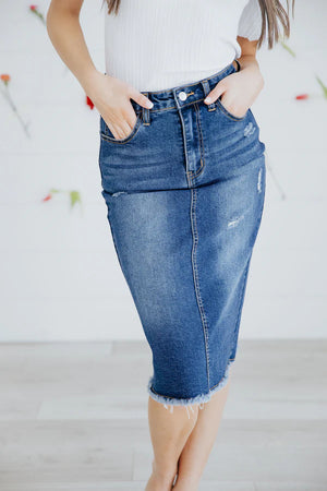 Distressed Denim skirt in Denim Blue- Misses (XS) - Darlin's Modest Wear