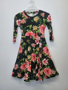 Princess Seam Dress in Floral Black- Girls (S 5/6) - Darlin's Modest Wear